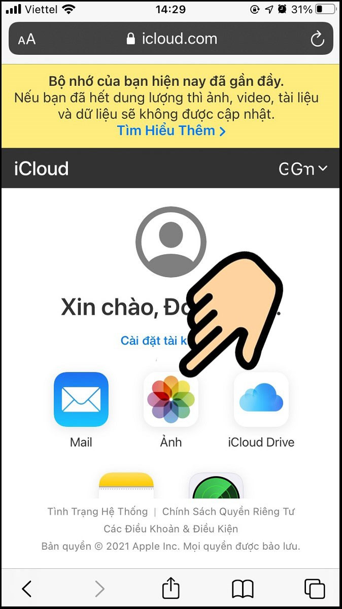 Chọn mục Ảnh trên iCloud