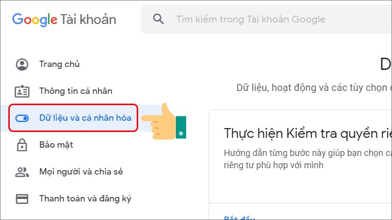 Chọn mục Dữ liệu và cá nhân hoá