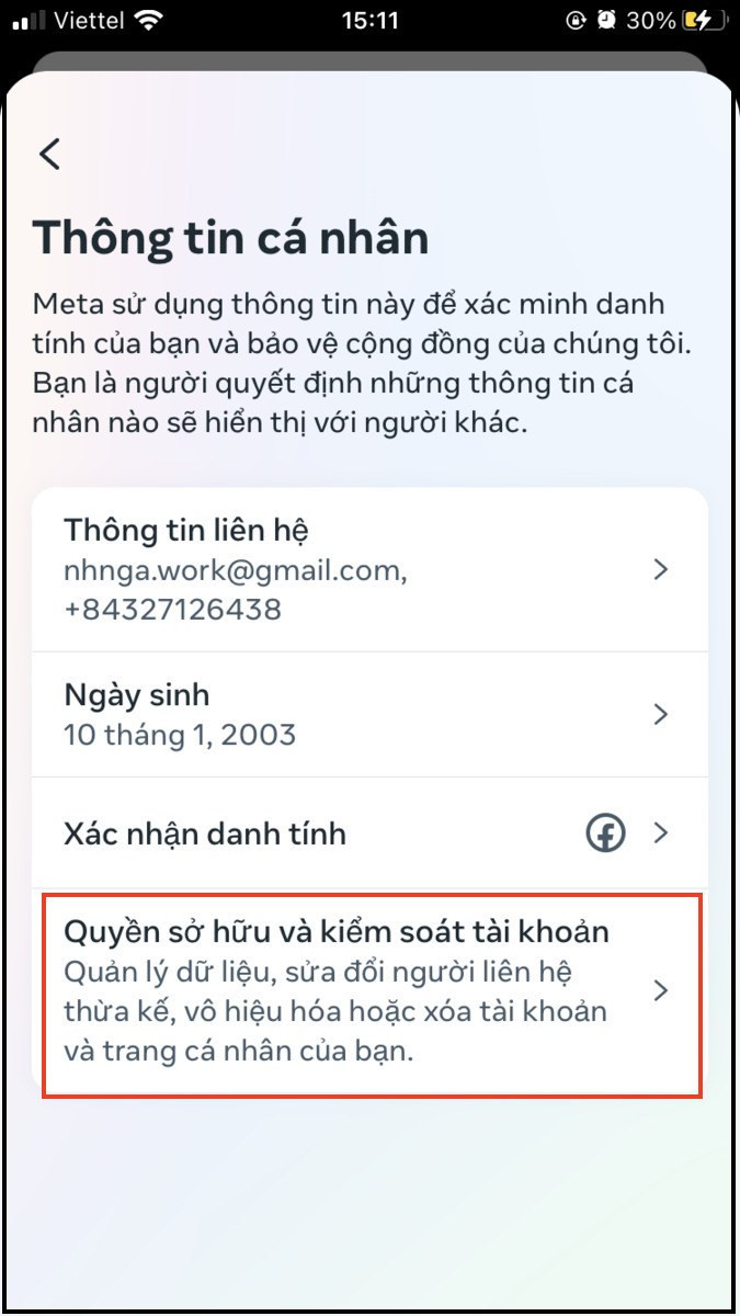 Chọn mục quyền sở hữu và kiểm soát tài khoản