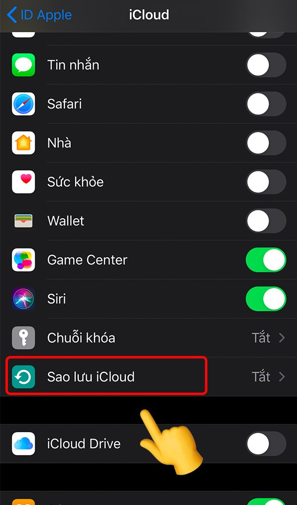 chọn mục Sao lưu iCloud