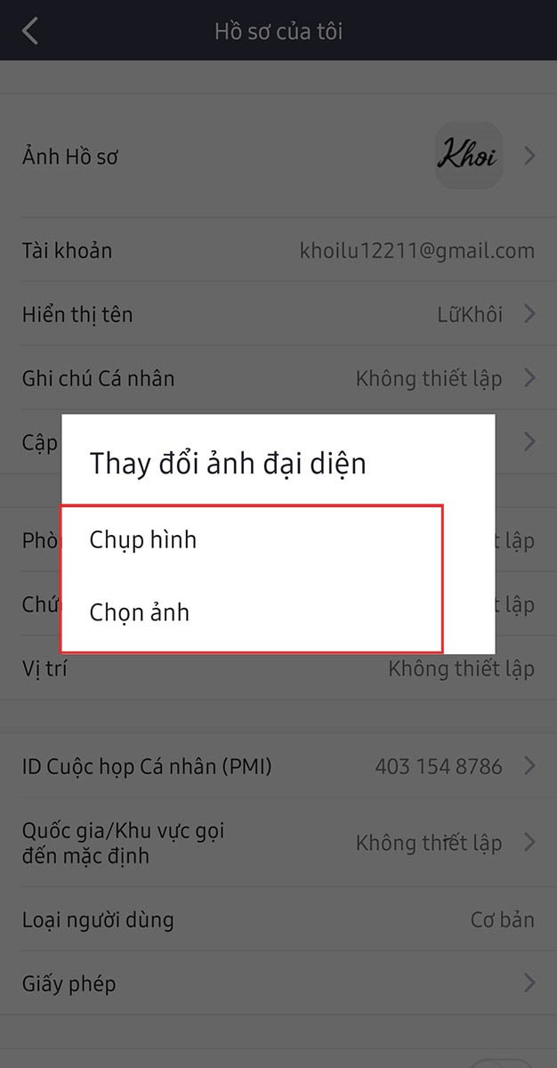 Chọn mục tài khoản