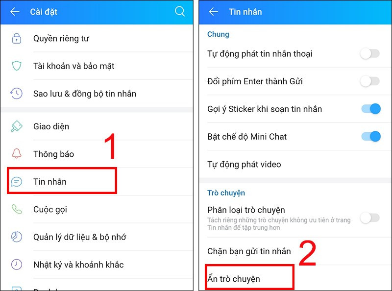 Chọn mục Tin nhắn rồi chọn tiếp mục Ẩn trò chuyện