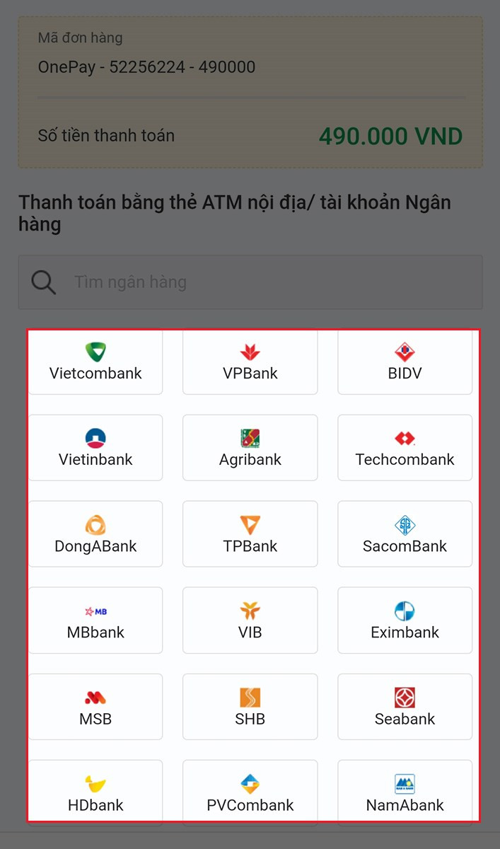 Chọn Ngân hàng mà bạn muốn thanh toán
