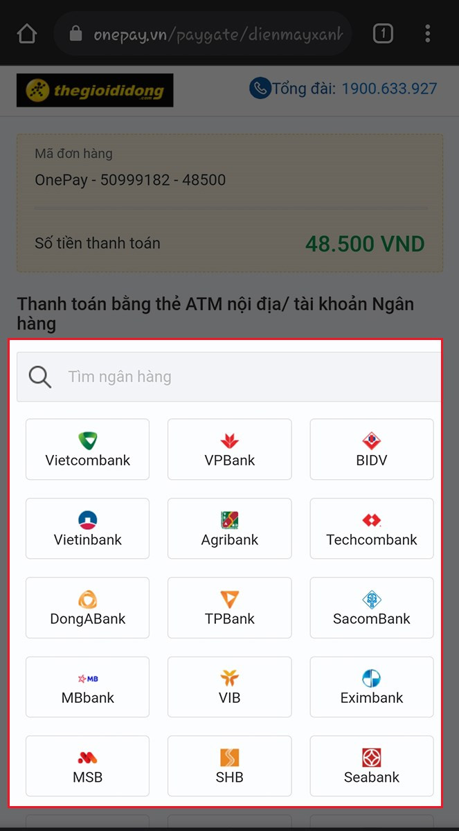 Chọn Ngân hàng mà bạn muốn thanh toán