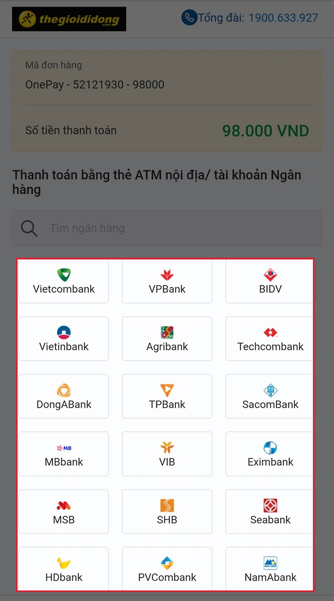 Chọn ngân hàng thanh toán