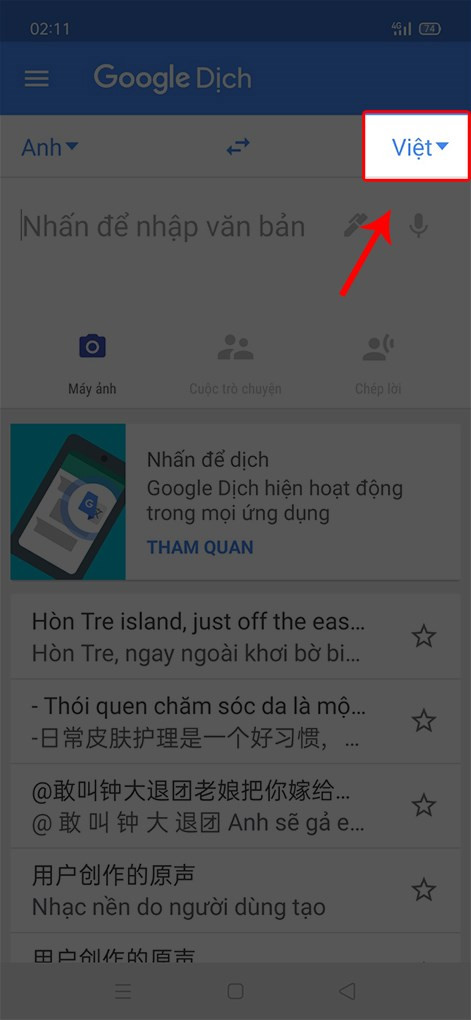 Chọn ngôn ngữ trên Google Dịch