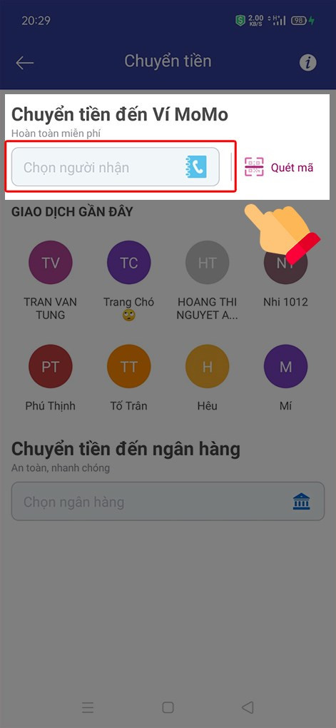 Chọn người nhận MoMo