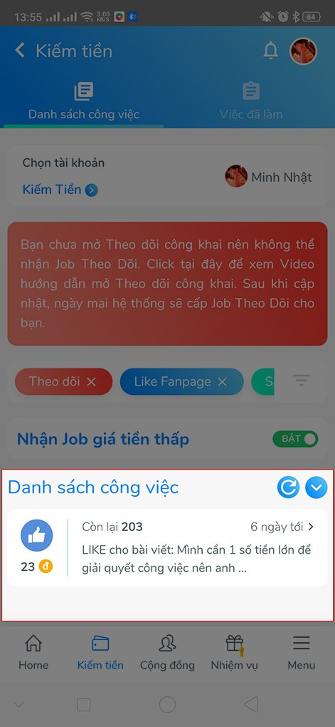 Chọn nhiệm vụ kiếm tiền trên GoLike