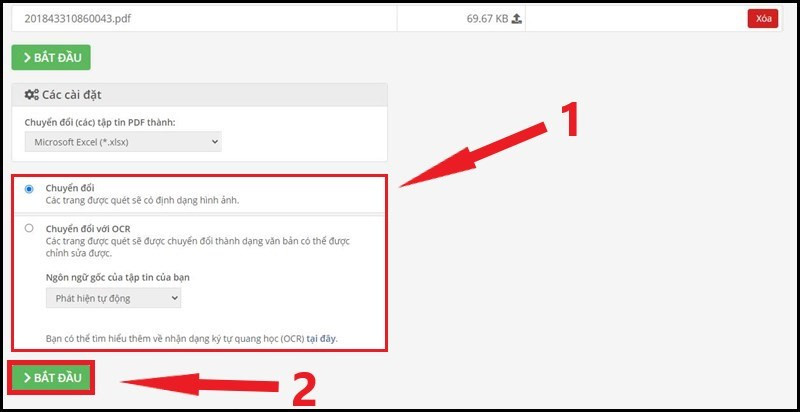 Chọn phương thức chuyển đổi trên PDF2GO