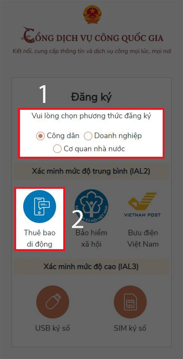 Chọn phương thức đăng ký