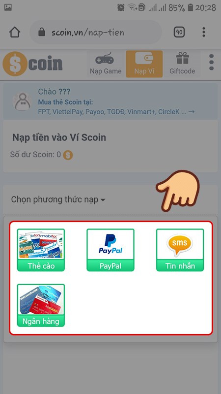 Chọn phương thức nạp