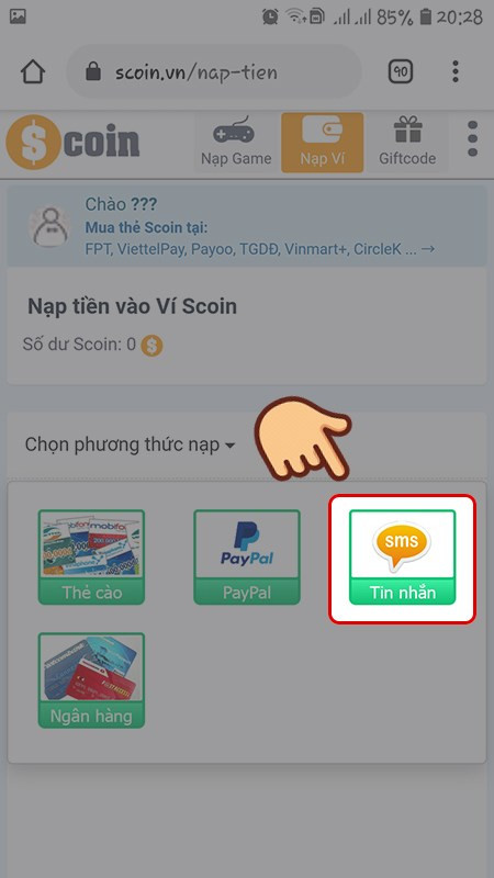 Chọn phương thức nạp SMS