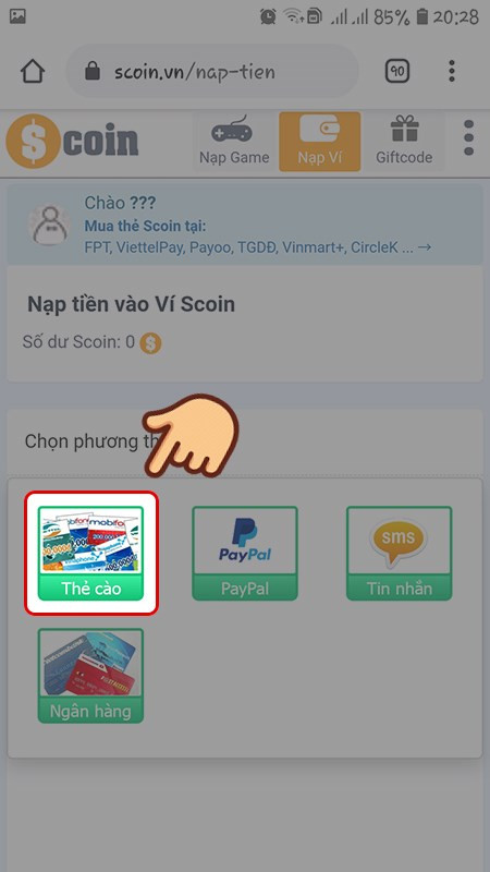 Chọn phương thức nạp Thẻ cào