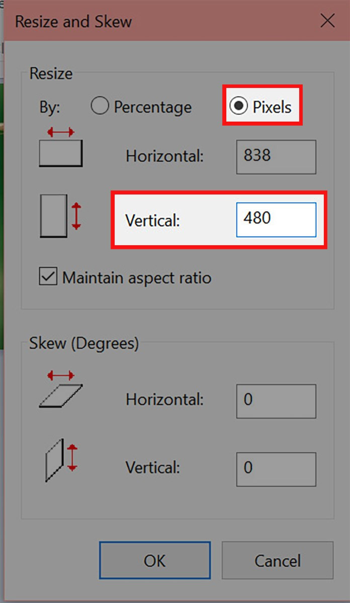 Chọn Pixel và nhập kích thước ảnh theo chiều dọc tương ứng