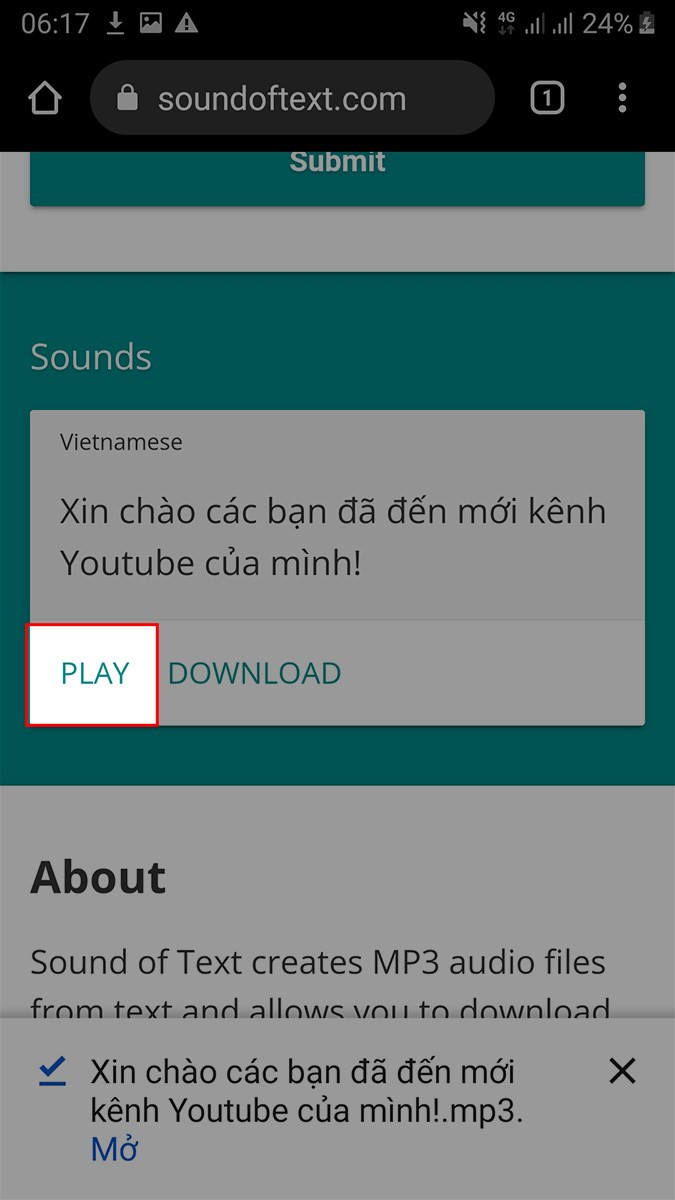 Chọn PLAY để nghe lại audio