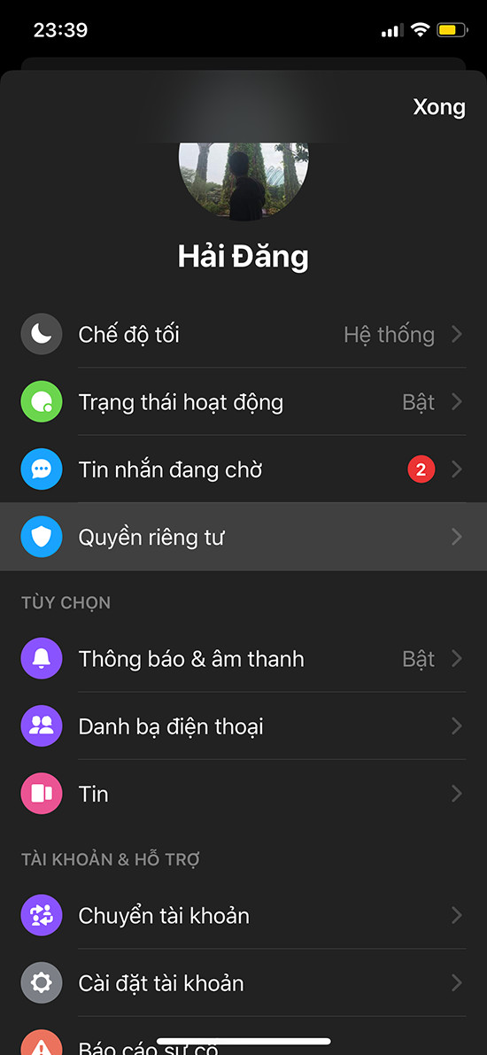 Chọn Quyền riêng tư