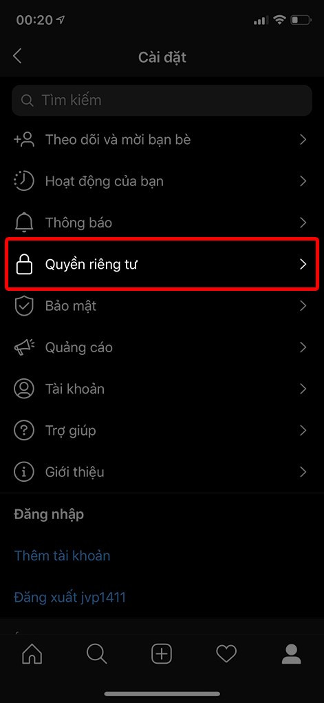 Chọn Quyền riêng tư