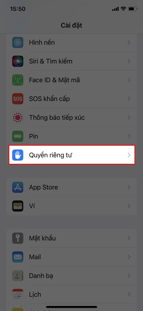 Chọn Quyền riêng tư