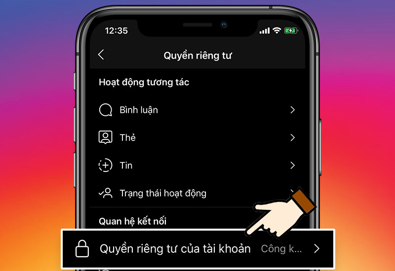 Chọn quyền riêng tư tài khoản Instagram