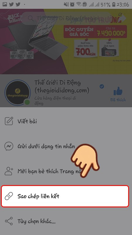 Chọn Sao chép liên kết, link dẫn đến fanpage đã được lưu tạm thời vào thiết bị của bạn