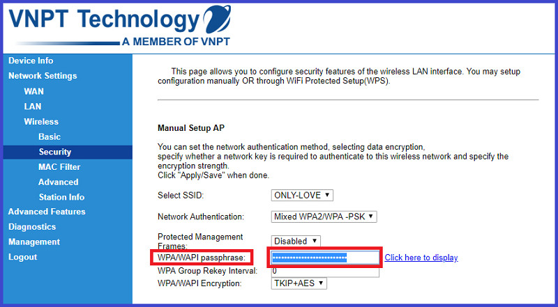 Chọn Security v&agrave; nhập password mới tại WPA/WAPI passphrase