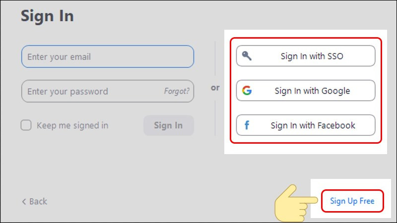 Chọn Sign Up Free để đăng k&yacute; t&agrave;i khoản Zoom