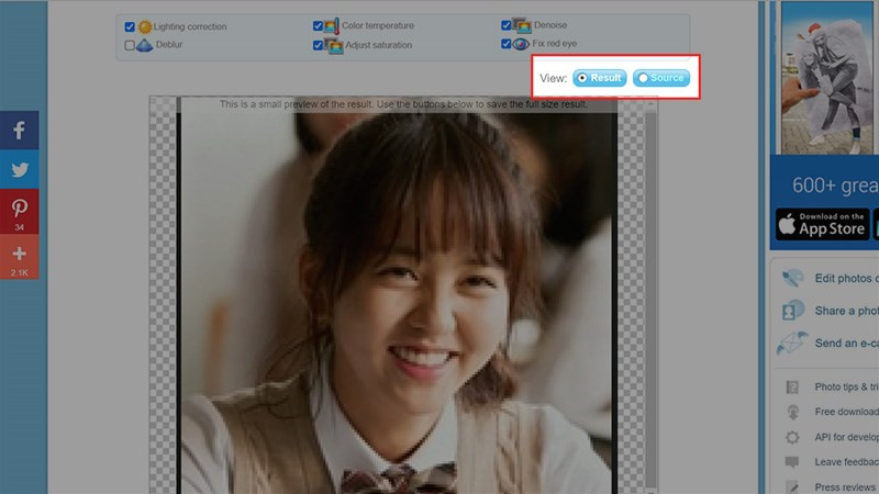 Chọn Source để xem lại ảnh gốc hoặc chọn Result để xem ảnh vừa tăng chất lượng