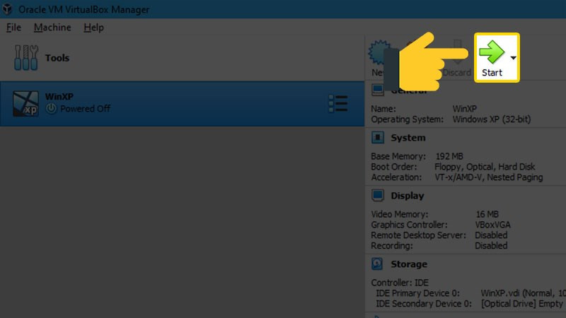 Chọn Start để mở máy ảo vừa cài đặt