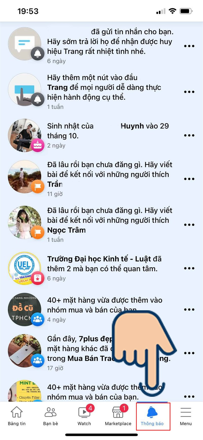 Chọn tab Thông báo