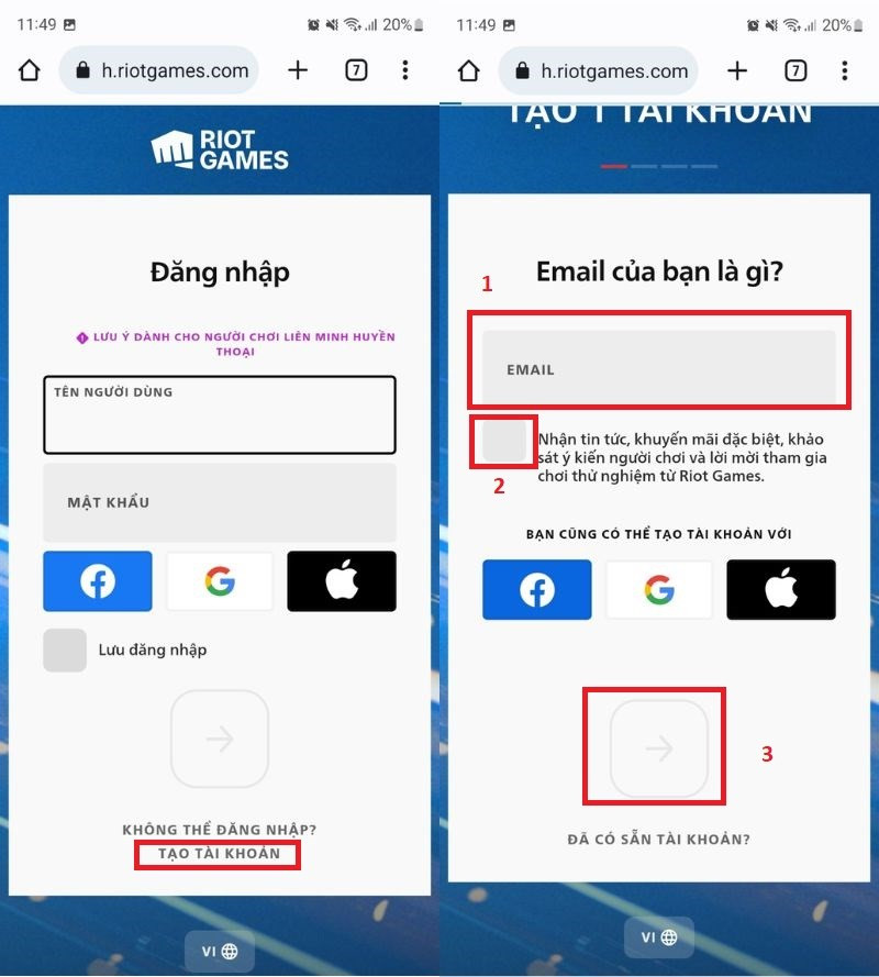 Chọn tạo t&agrave;i khoản v&agrave; nhập Email
