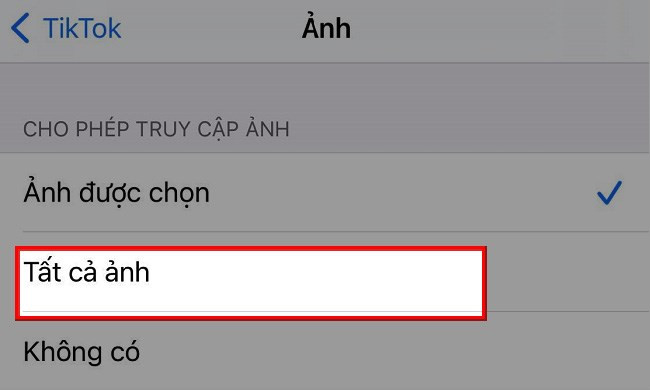 Chọn Tất cả ảnh để cấp quyền truy cập