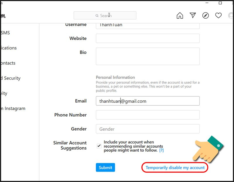 Chọn Temporarily Disable My Account trên Instagram