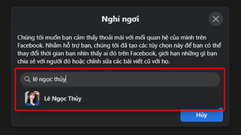 Chọn tên người muốn hủy giảm tương tác