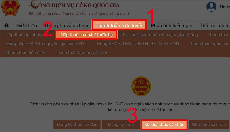 Chọn Thanh toán trực tuyến, Nộp thuế cá nhân/Trước bạ, Kê khai thuế cá nhân