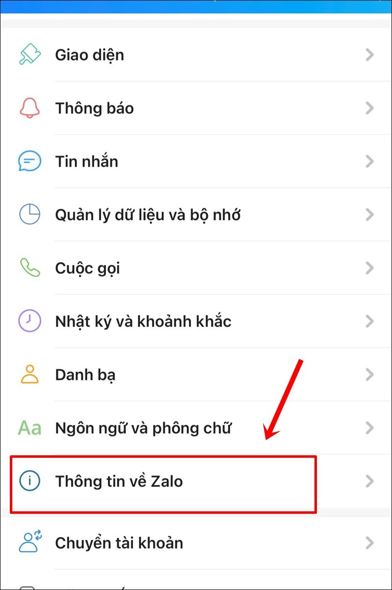 Chọn Thông tin về Zalo