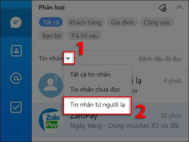 Chọn Tin nhắn từ người lạ trên Zalo máy tính