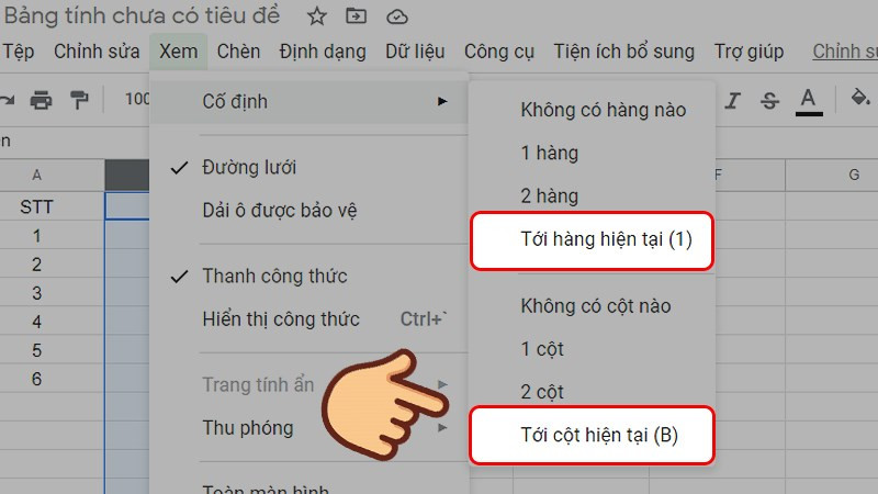 Chọn Tới cột hiện tại hoặc Tới hàng hiện tại.