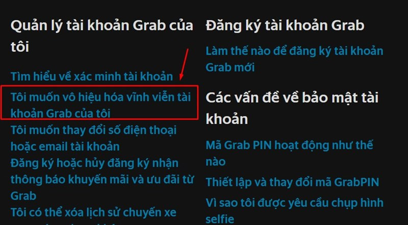 Chọn Tôi muốn vô hiệu hóa vĩnh viễn tài khoản Grab của tôi