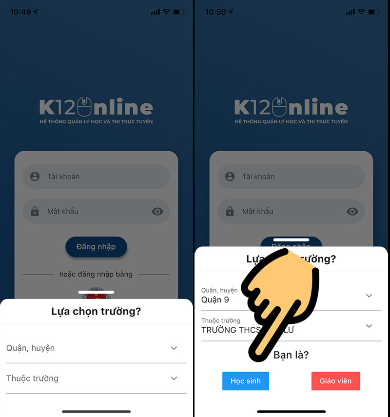 Chọn trường trên K12Online