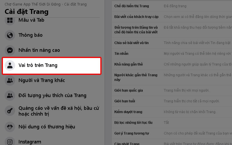 Chọn Vai trò trên trang