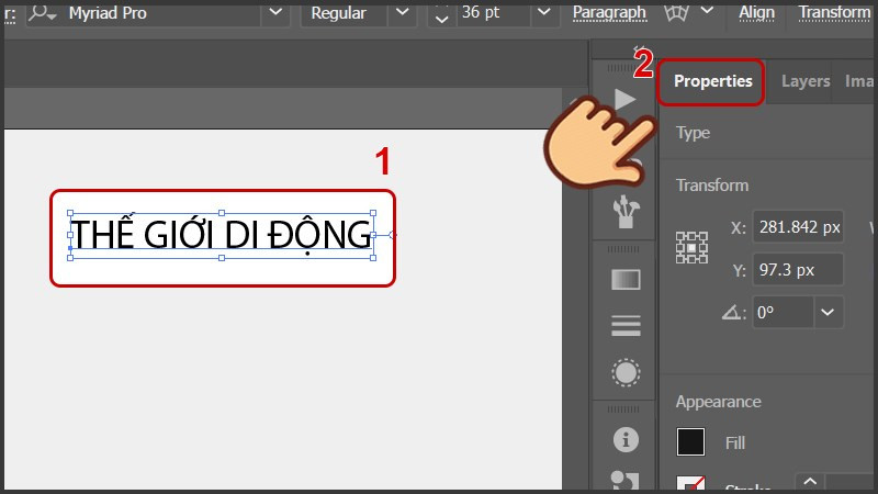Chọn văn bản và mở tab Properties