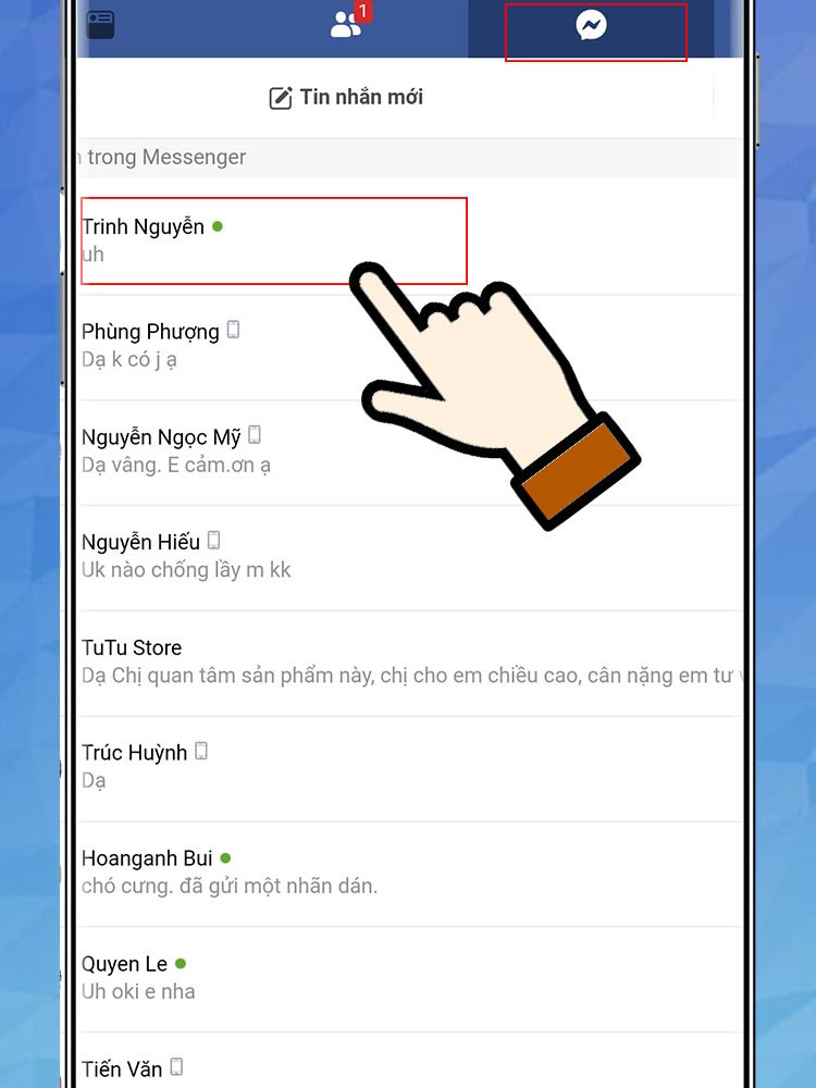 Chọn vào biểu tượng nhắn tin Messenger và chọn tin nhắn có đoạn hội thoại bạn muốn tải.