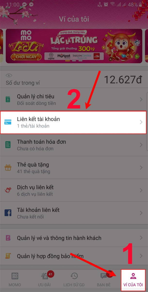 Chọn ví của tôi và chọn liên kết tài khoản.