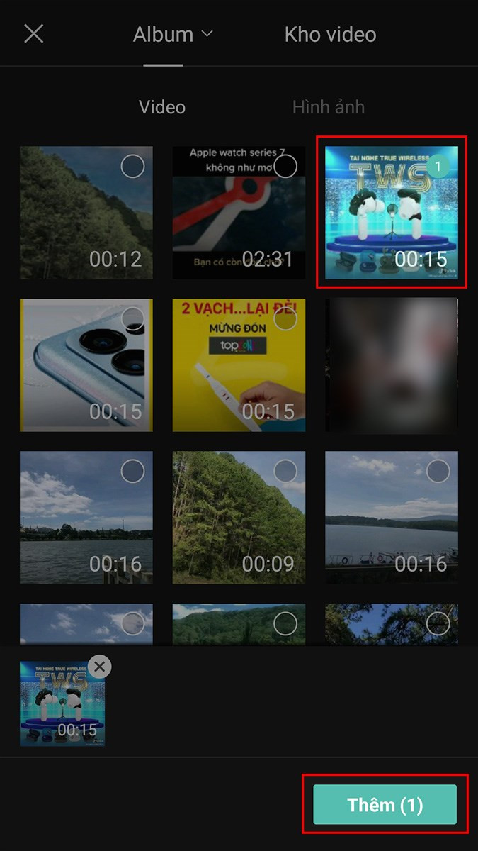 Chọn video mà bạn muốn ghép trên CapCut > Chọn Thêm