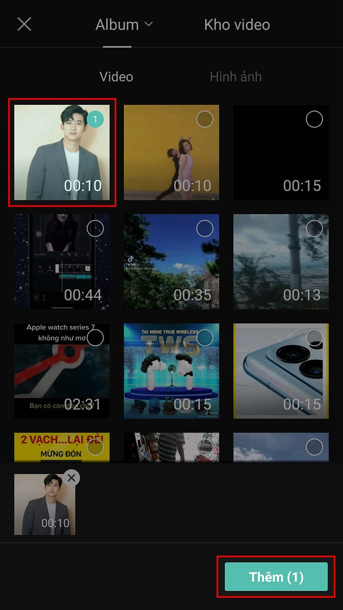 Chọn video và nhấn Thêm