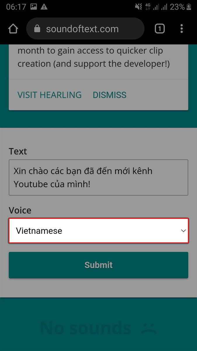 Chọn Vietnamese tại mục Voice để chuyển văn bản thành giọng nói Tiếng Việt