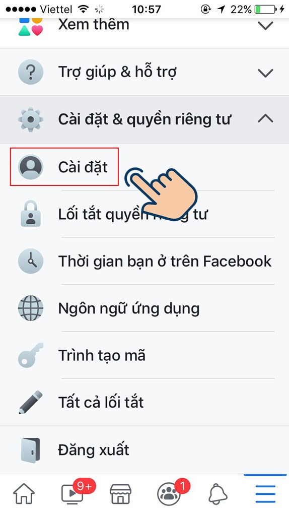 Chọn v&agrave;o C&agrave;i đặt.