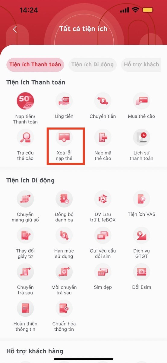 Chọn xóa lỗi nạp thẻ