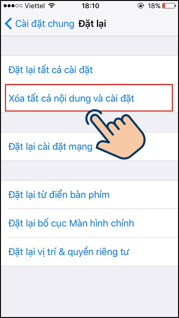 Chọn Xoá tất cả nội dung và cài đặt