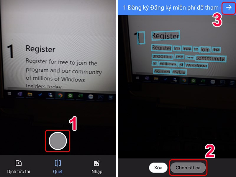 Chụp ảnh và chọn vùng cần dịch